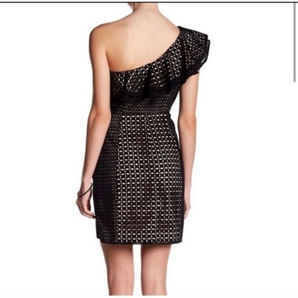 J. Crew Collection One Shoulder Eyelet Ruffle Mini Dress Black - Picture 3 of 13